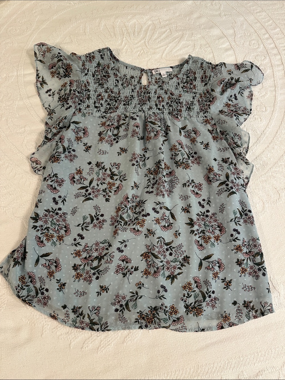 DR2 Pale Blue Floral Smocked Flutter-Sleeve Blouse
